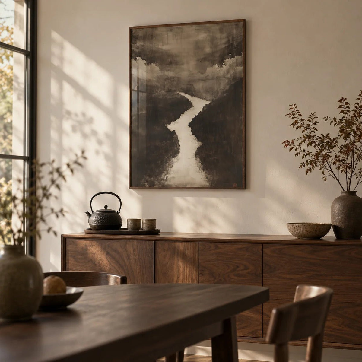 Sumi e Art, framed on the wall of a calm dining room