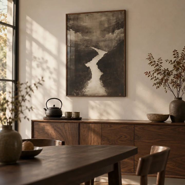 Sumi e Art, framed on the wall of a calm dining room