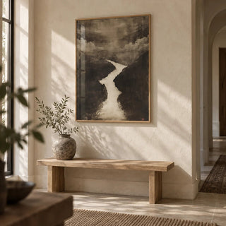Sumi e Art, framed on the wall of a calm hallway with pale plaster walls
