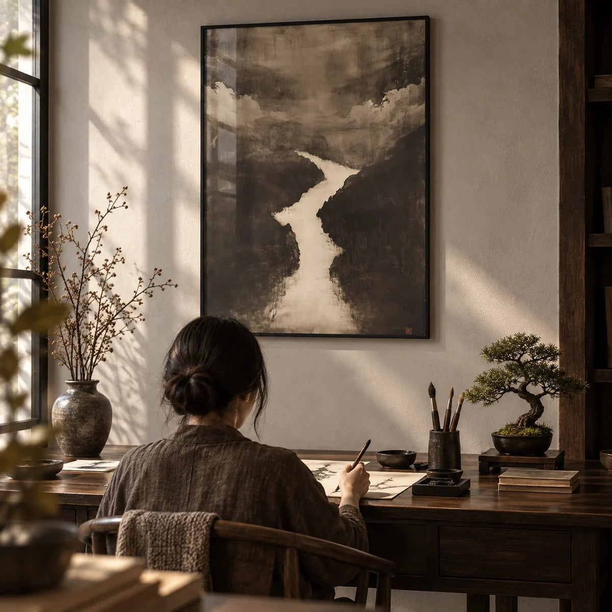 Sumi e Art, framed on the wall of a quiet study