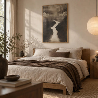 Sumi e Art, framed on the wall of a serene bedroom