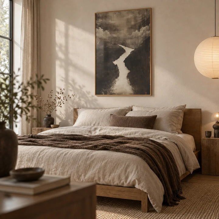 Sumi e Art, framed on the wall of a serene bedroom