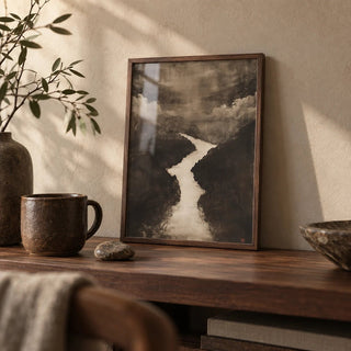 Sumi e Art, a small A4 framed print leaning on a walnut shelf in a living room