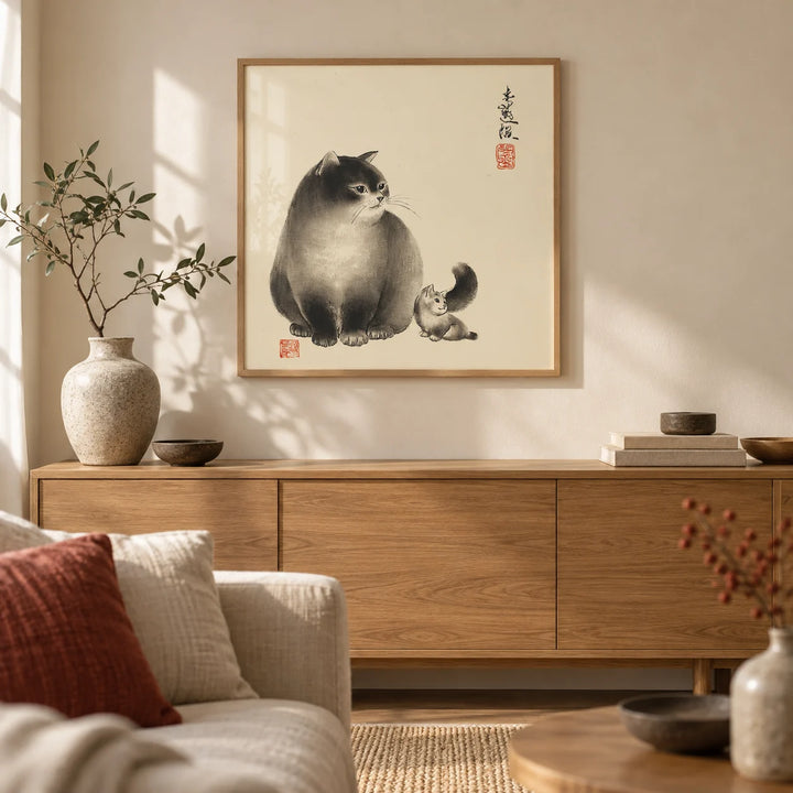 Sumi E Cat Painting, framed on the wall of a calm Japandi living room with a warm cream wall