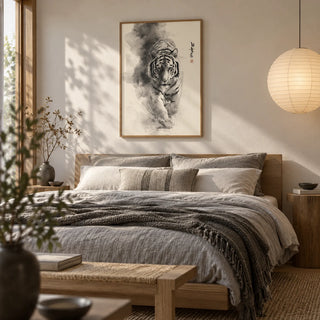 Sumi-e Ink Painting, framed on the wall of a calm Japandi bedroom