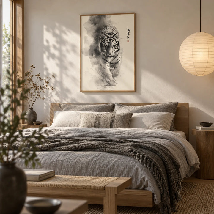 Sumi-e Ink Painting, framed on the wall of a calm Japandi bedroom