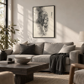 Sumi-e Ink Painting, framed on the wall of a calm modern living room