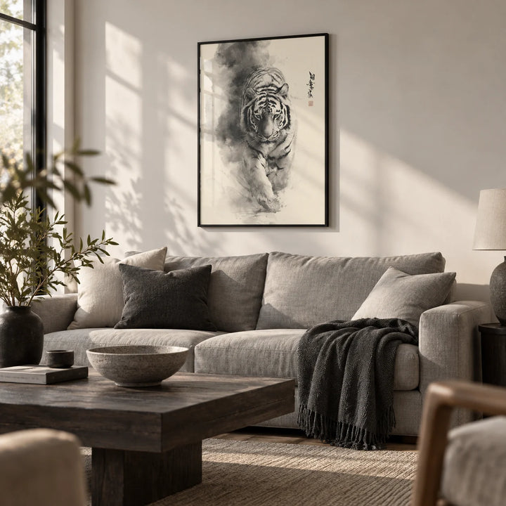 Sumi-e Ink Painting, framed on the wall of a calm modern living room