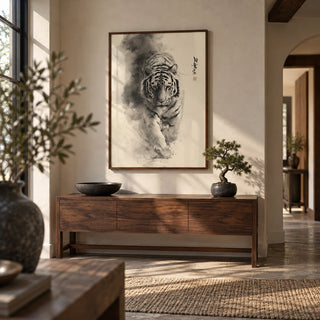 Sumi-e Ink Painting, framed on the wall of a characterful hallway
