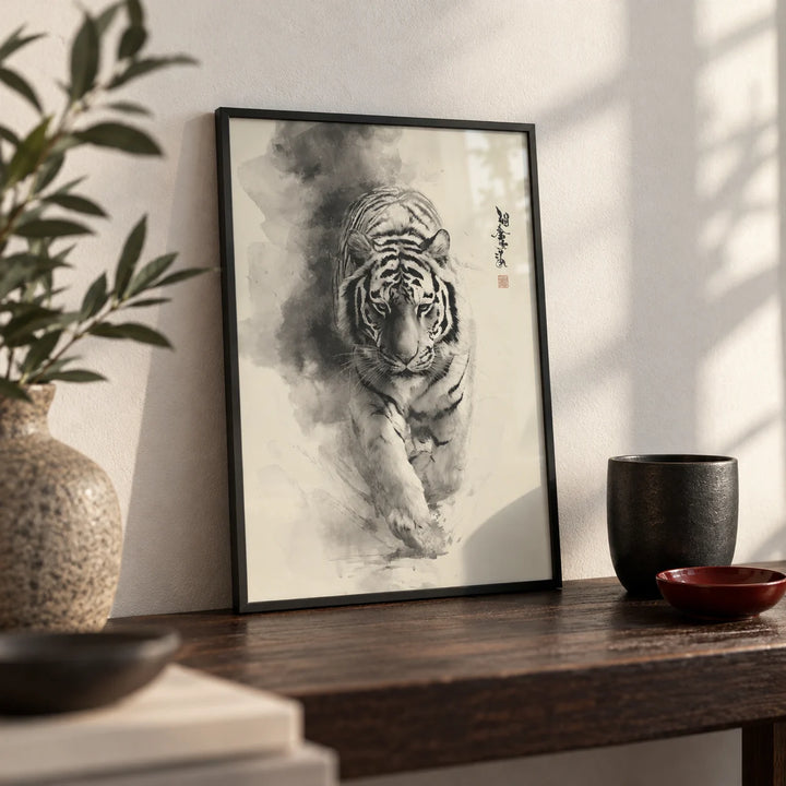 Sumi-e Ink Painting, a small A4 framed print leaning on a dark wood shelf in a living room