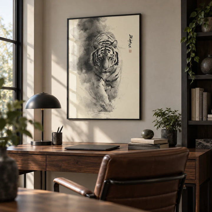 Sumi-e Ink Painting, framed on the wall of a strong home office
