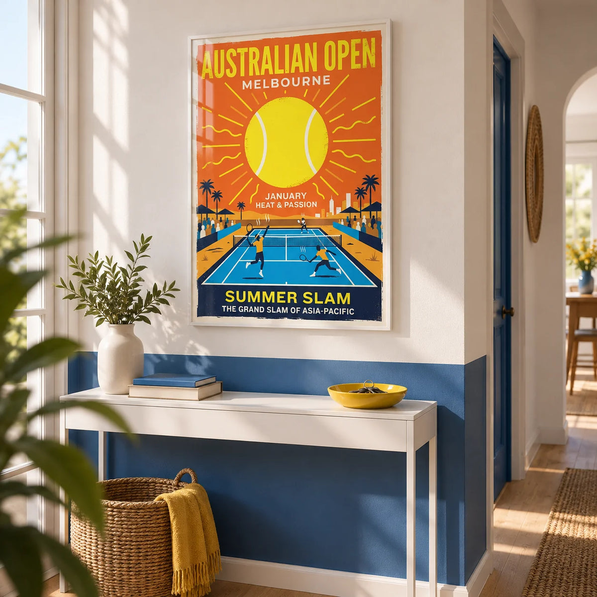 Summer Slam Print, framed on the wall of a bright hallway with a court blue painted lower wall and a white upper wall