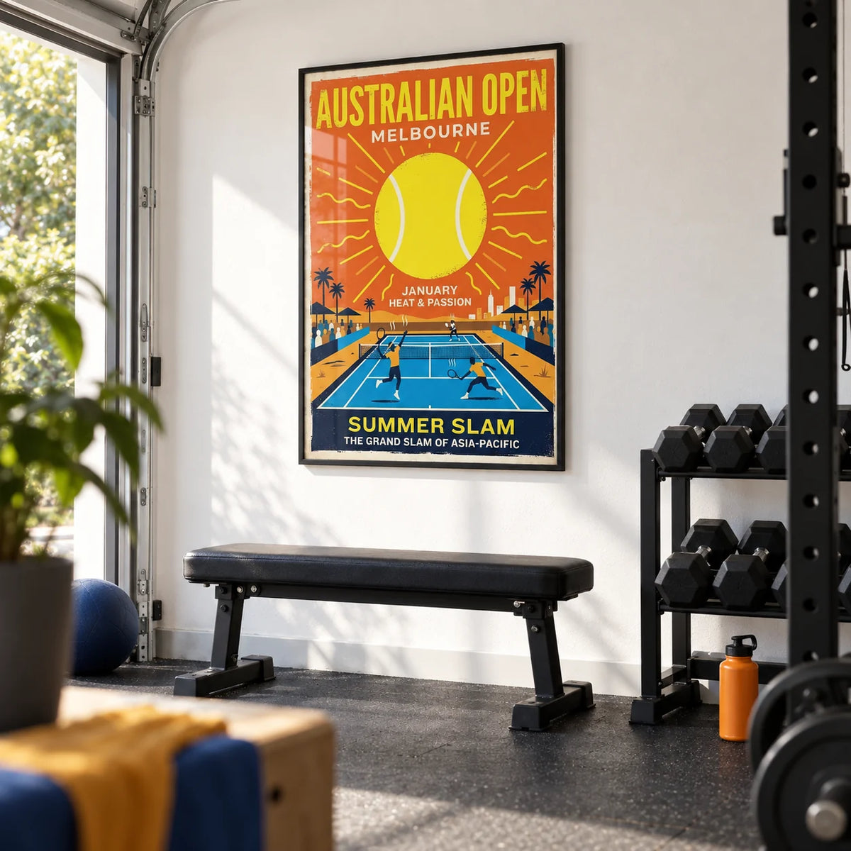 Summer Slam Print, framed on the wall of a bright home gym in a converted garage with a white wall and a black rubber floor