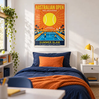 Summer Slam Print, framed on the wall of a bright teen bedroom (13-17) with a white wall