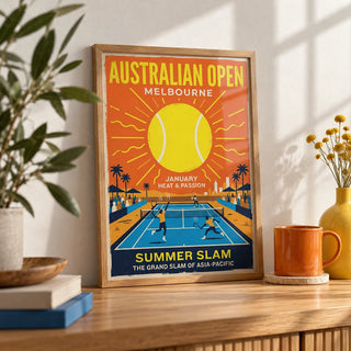 Summer Slam Print, a small A4 framed print leaning on an oak shelf in a living room