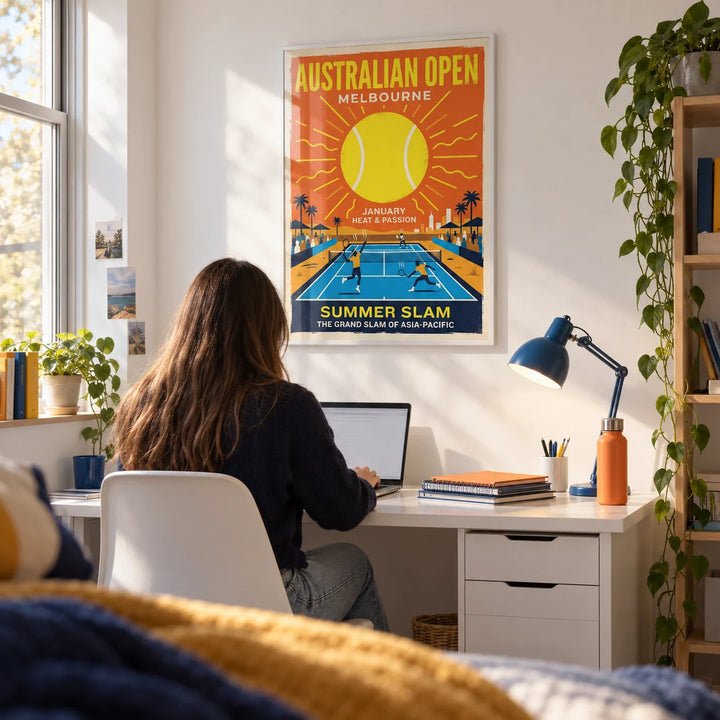Summer Slam Print, framed on the wall of a student room at university (18-21) with a white wall in a home office