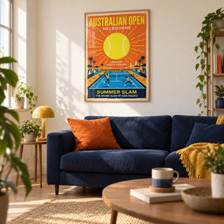 Summer Slam Print, framed on the wall of a sunny living room in a first flat (22-28) with a warm white wall and a pale oak floor