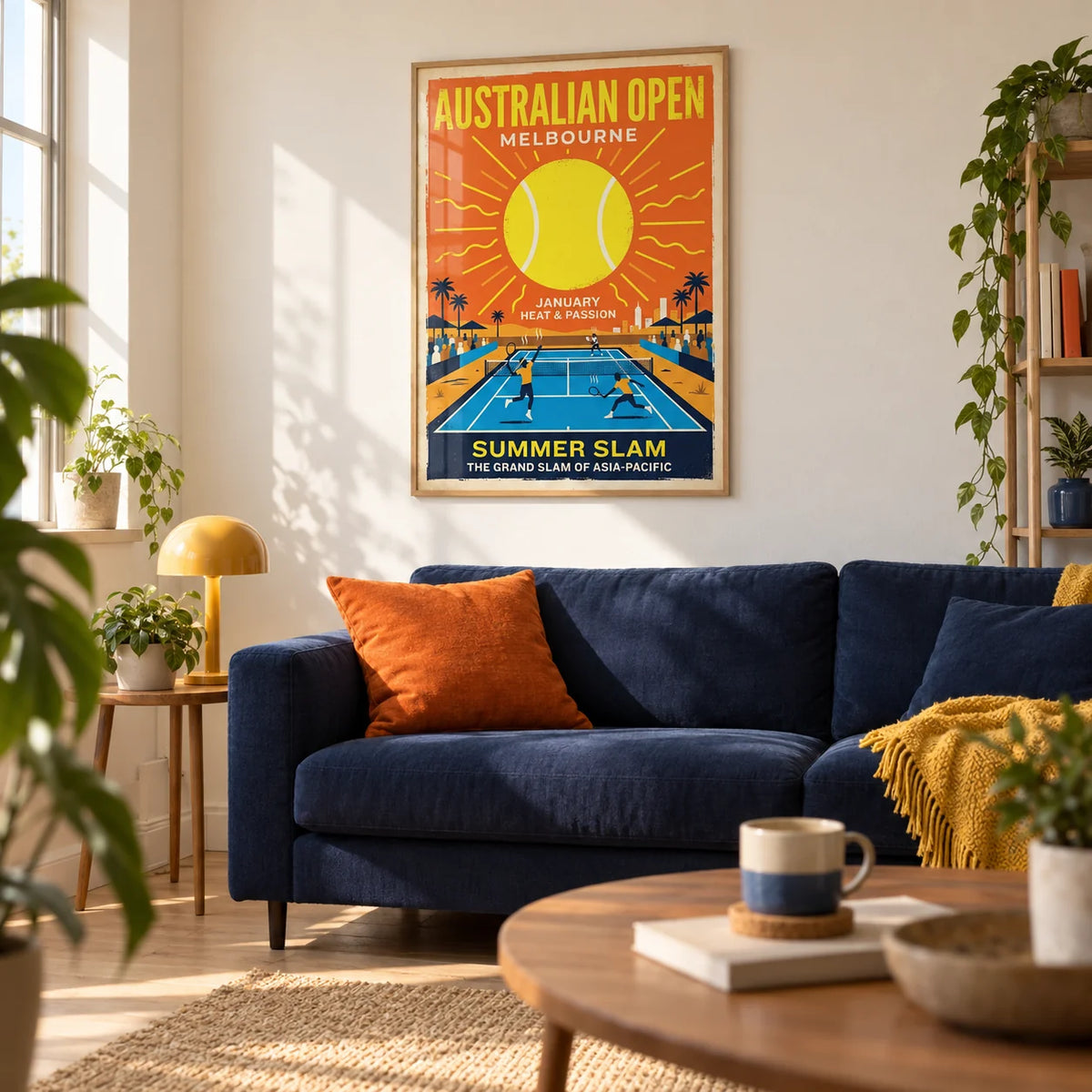 Summer Slam Print, framed on the wall of a sunny living room in a first flat (22-28) with a warm white wall and a pale oak floor