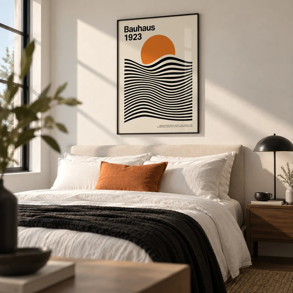 Sun and Mountain Wall Art, framed on the wall of a crisp modern bedroom