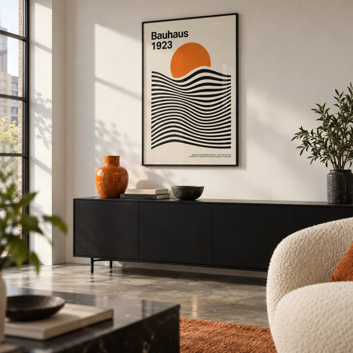 Sun and Mountain Wall Art, framed on the wall of a crisp modern city-flat living room