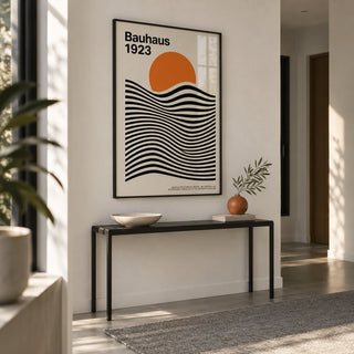 Sun and Mountain Wall Art, framed on the wall of a minimal hallway