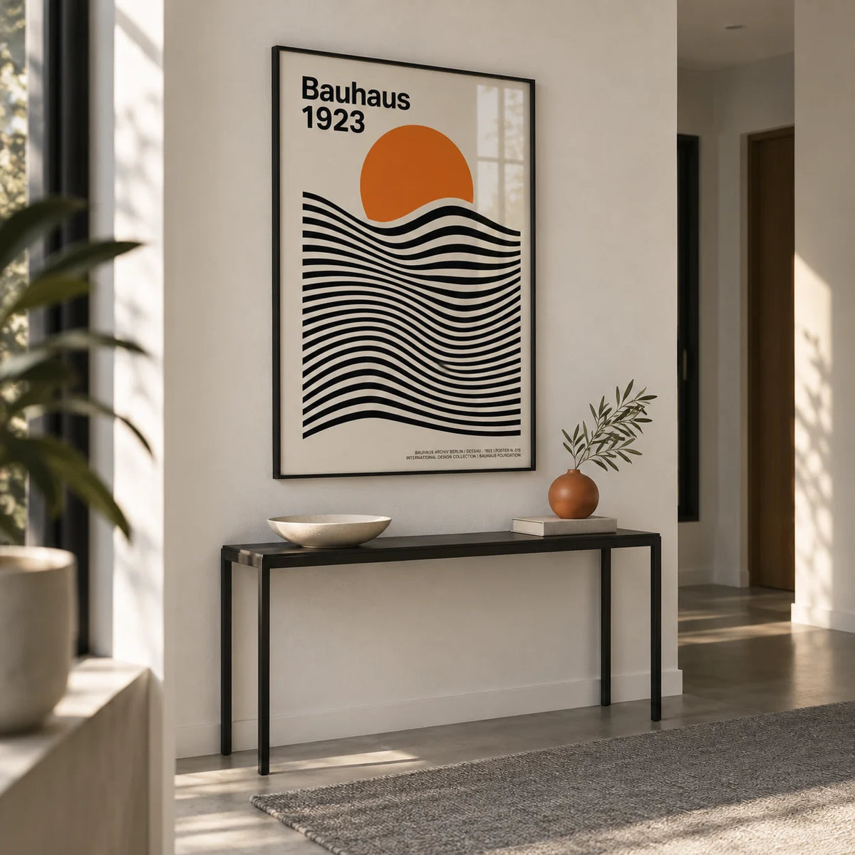 Sun and Mountain Wall Art, framed on the wall of a minimal hallway
