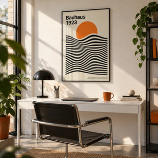 Sun and Mountain Wall Art, framed on the wall of a modern design studio in a home office