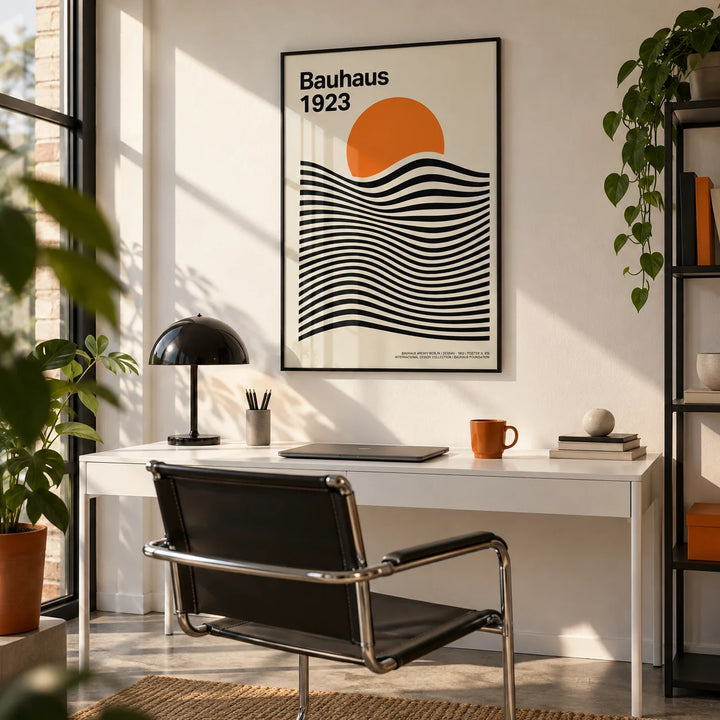 Sun and Mountain Wall Art, framed on the wall of a modern design studio in a home office