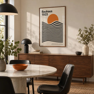 Sun and Mountain Wall Art, framed on the wall of a modern dining room