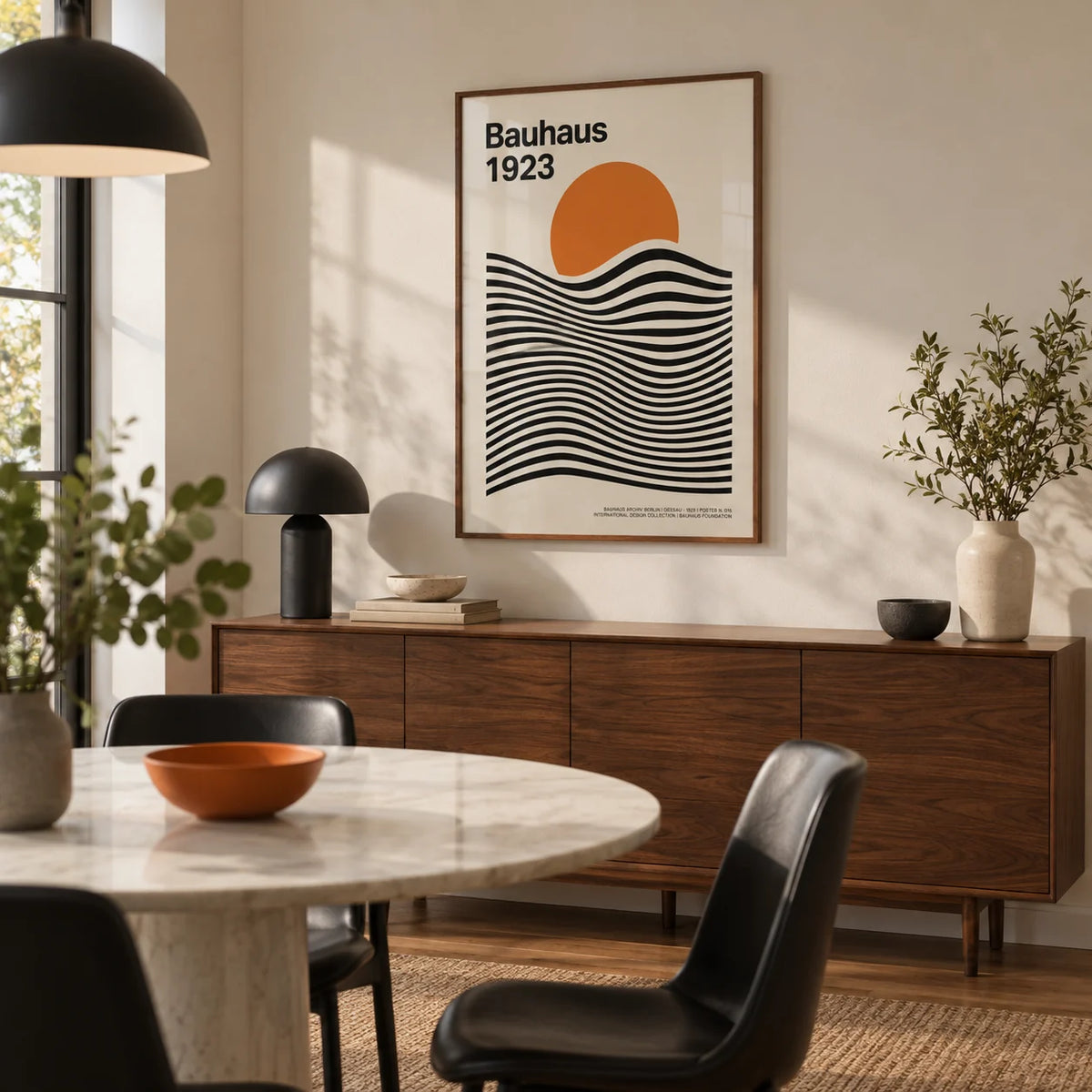 Sun and Mountain Wall Art, framed on the wall of a modern dining room