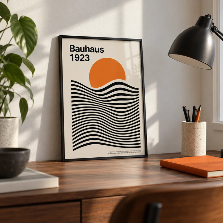 Sun and Mountain Wall Art, a small A4 framed print leaning on a walnut desk
