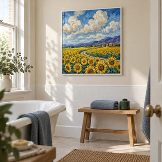 Sunflower Field Poster, framed on the wall of a bright bathroom in a UK period terrace with a cream upper wall and plain white tiles below
