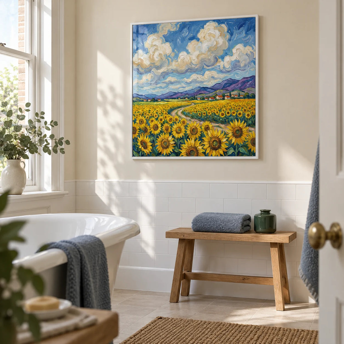 Sunflower Field Poster, framed on the wall of a bright bathroom in a UK period terrace with a cream upper wall and plain white tiles below