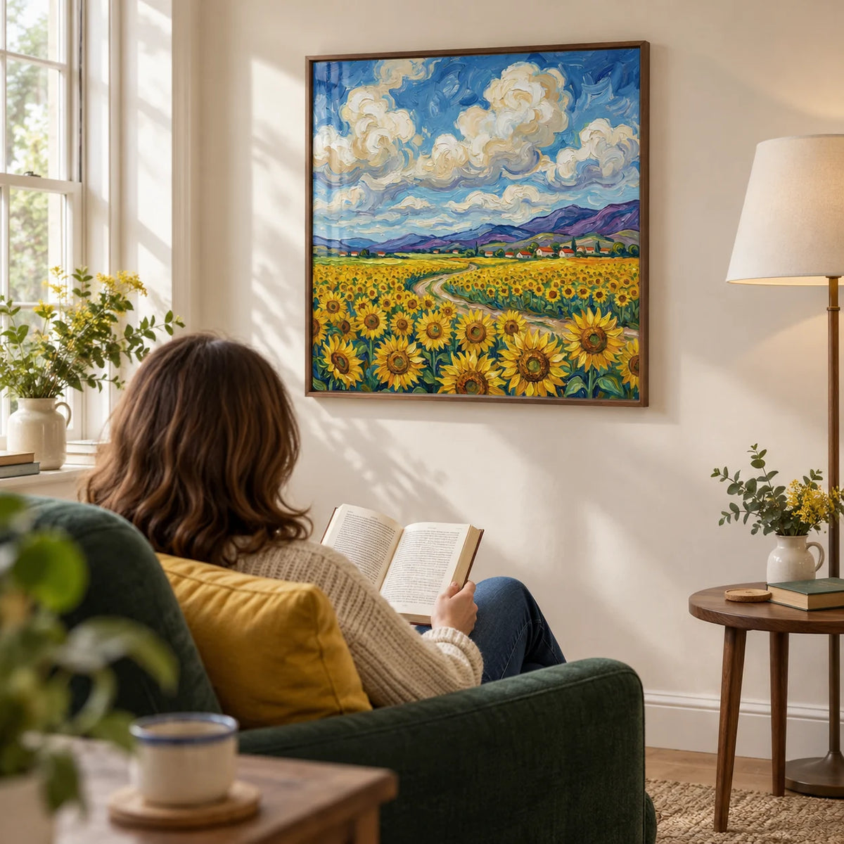 Sunflower Field Poster, framed on the wall of a quiet reading corner in a UK garden-facing sitting room with a warm white wall in a living room