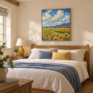 Sunflower Field Poster, framed on the wall of a restful main bedroom in a renovated UK cottage with warm cream walls and exposed timber floorboards