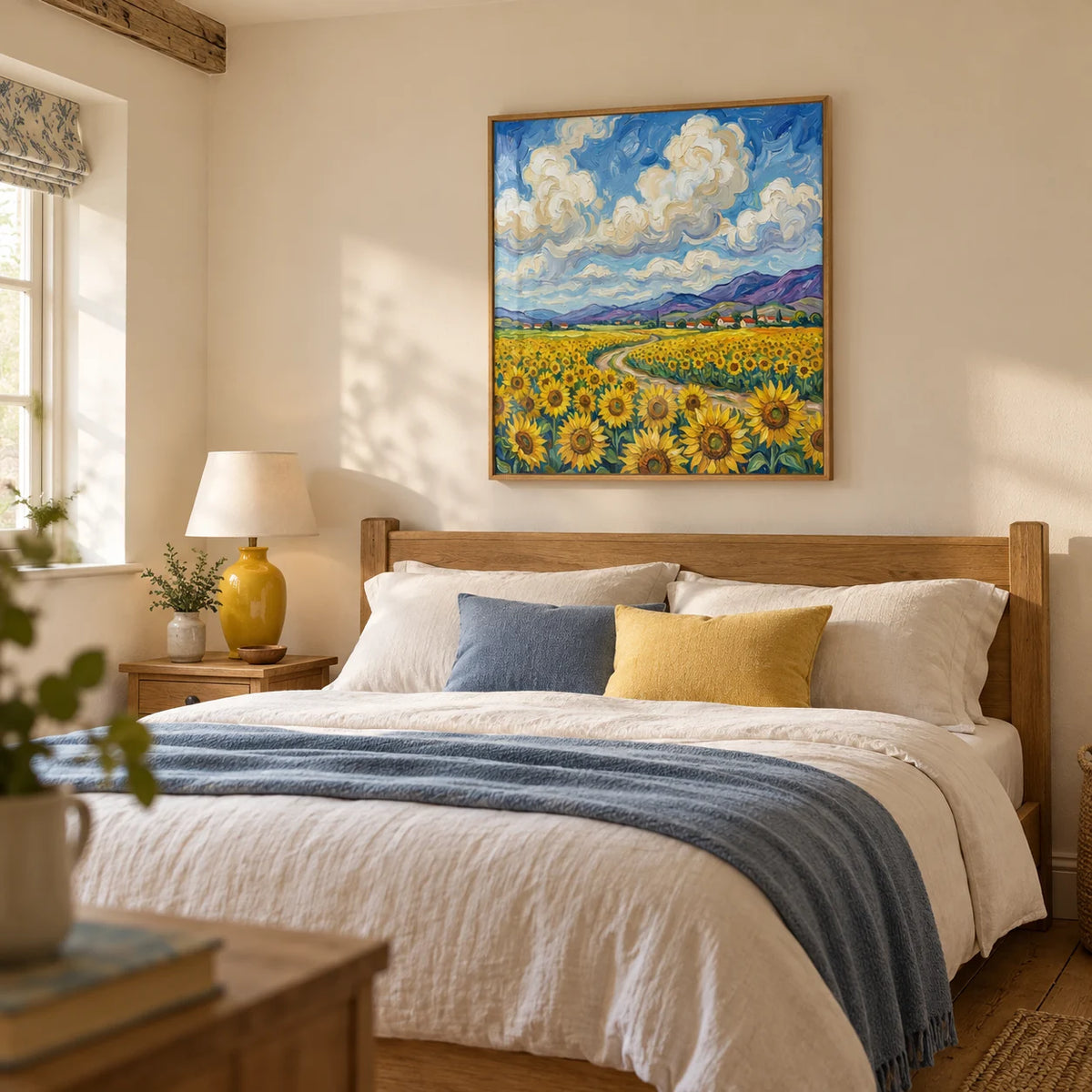 Sunflower Field Poster, framed on the wall of a restful main bedroom in a renovated UK cottage with warm cream walls and exposed timber floorboards