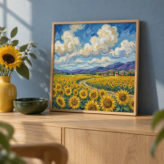 Sunflower Field Poster, a small A4 framed print leaning on a pale oak sideboard in a living room