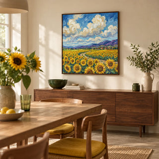 Sunflower Field Poster, framed on the wall of a warm contemporary dining room in a UK family home with cream plaster walls