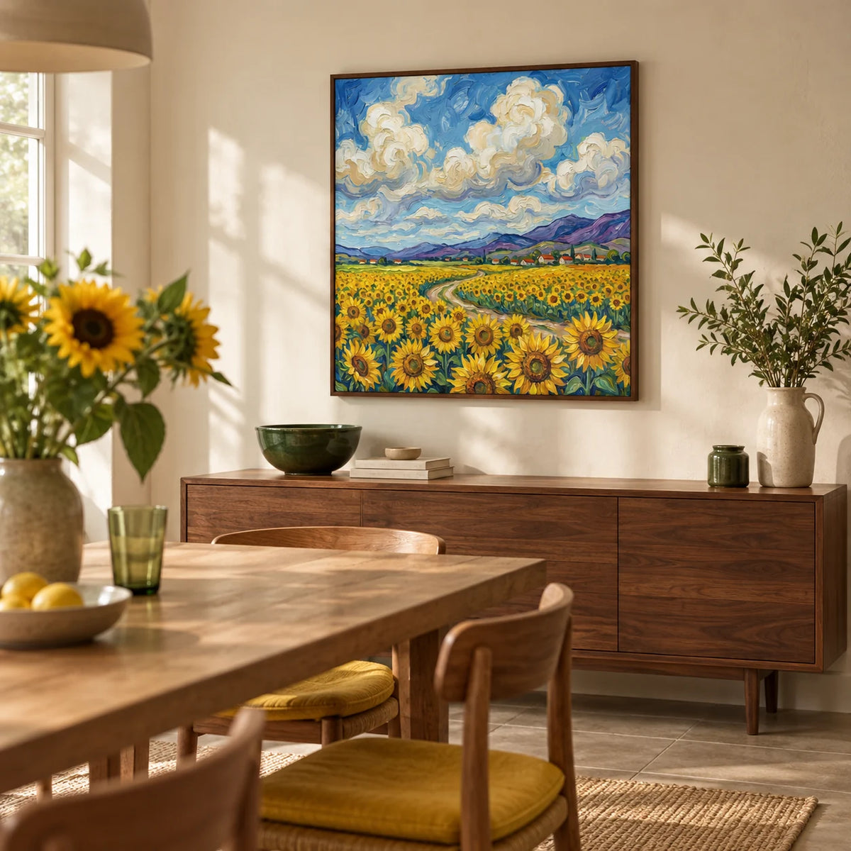 Sunflower Field Poster, framed on the wall of a warm contemporary dining room in a UK family home with cream plaster walls
