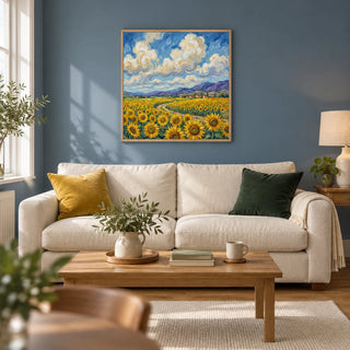 Sunflower Field Poster, framed on the wall of a welcoming living room in a British terraced house with a muted blue wall and an oak floor