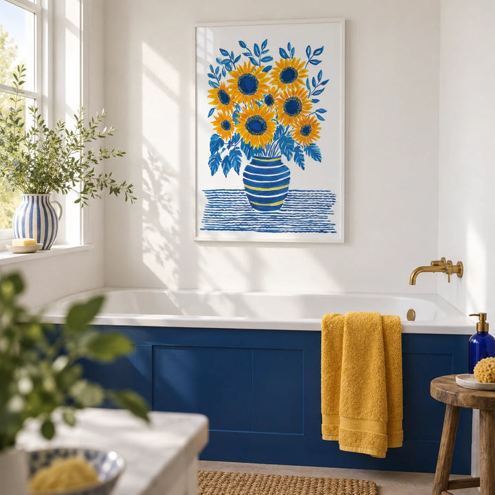 Sunflower Print, framed on the wall of a fresh bathroom with plain white walls and a cobalt blue painted bath panel