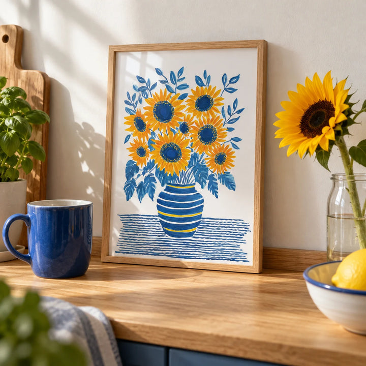 Sunflower Print, a small A4 framed print leaning on an oak kitchen worktop
