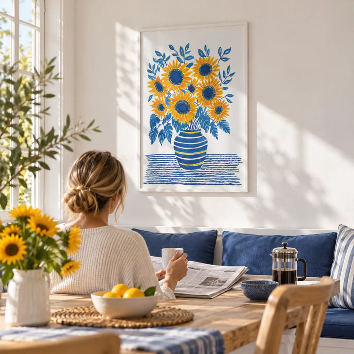 Sunflower Print, framed on the wall of a sunny breakfast nook with a white wall in a kitchen