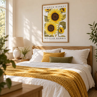 Sunflower Wall Art, framed on the wall of a bright bedroom with a warm white wall