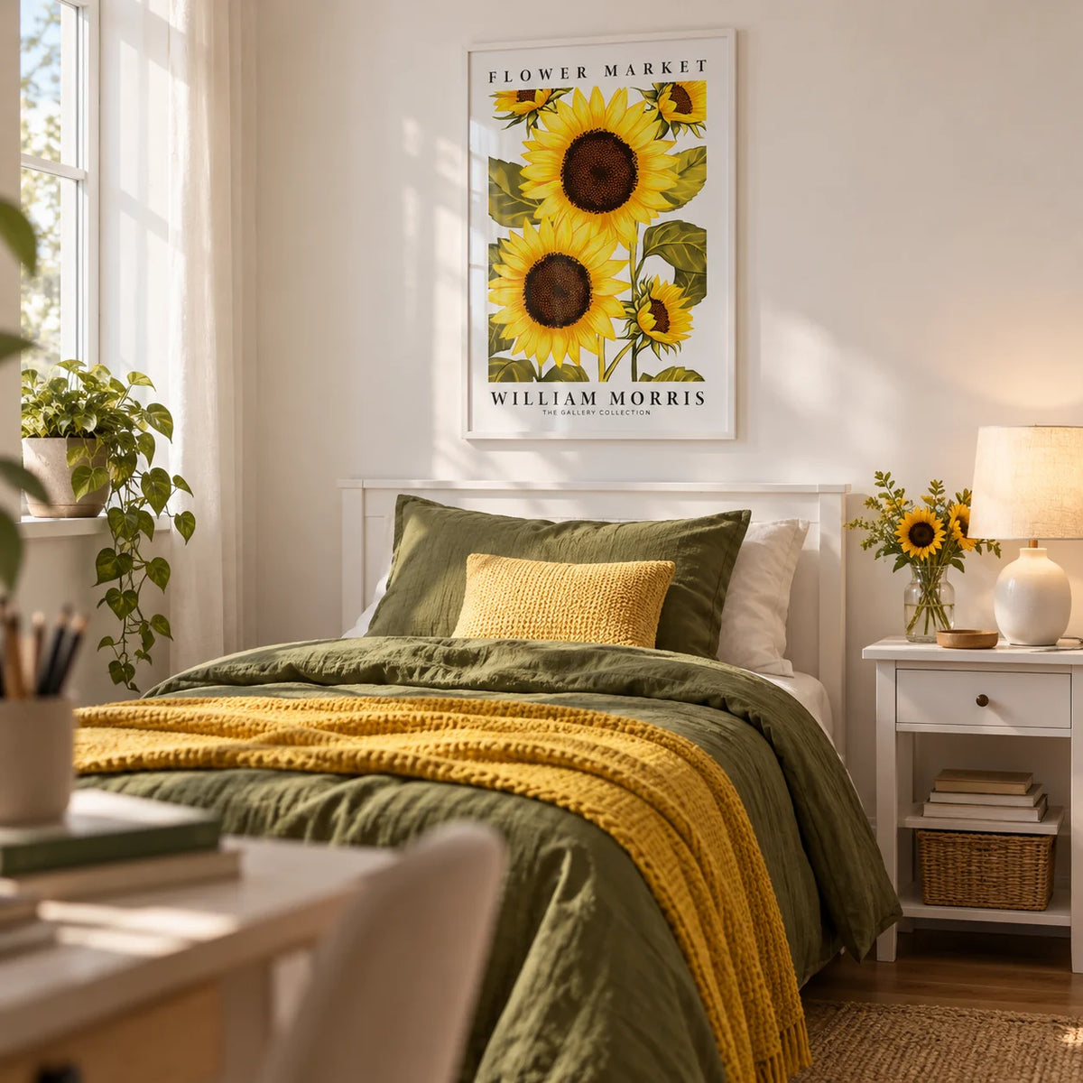 Sunflower Wall Art, framed on the wall of a bright teen girl's bedroom (13-17) with a soft white wall