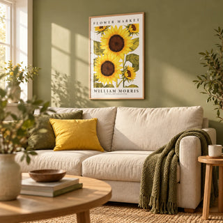Sunflower Wall Art, framed on the wall of a cheerful living room with a soft olive green painted wall and a pale oak floor