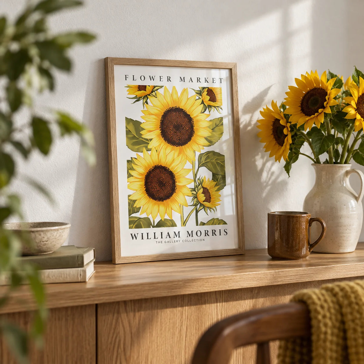 Sunflower Wall Art, a small A4 framed print leaning on an oak shelf in a living room