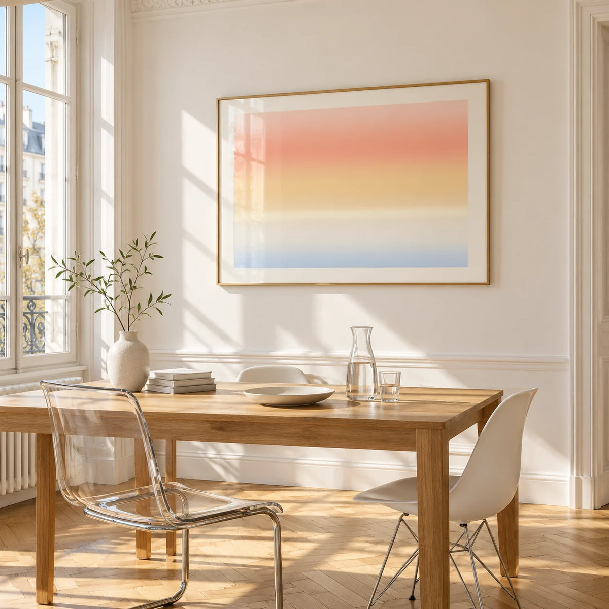 Sunrise Wall Art, framed on the wall of a bright dining corner