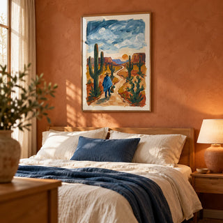 Sunset Cactus Poster Print, framed on the wall of a calm bedroom with a terracotta limewashed wall