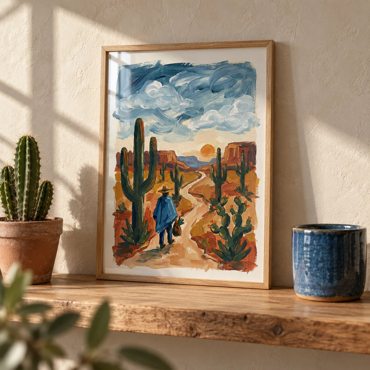 Sunset Cactus Poster Print, a small A4 framed print leaning on an oak shelf in a living room